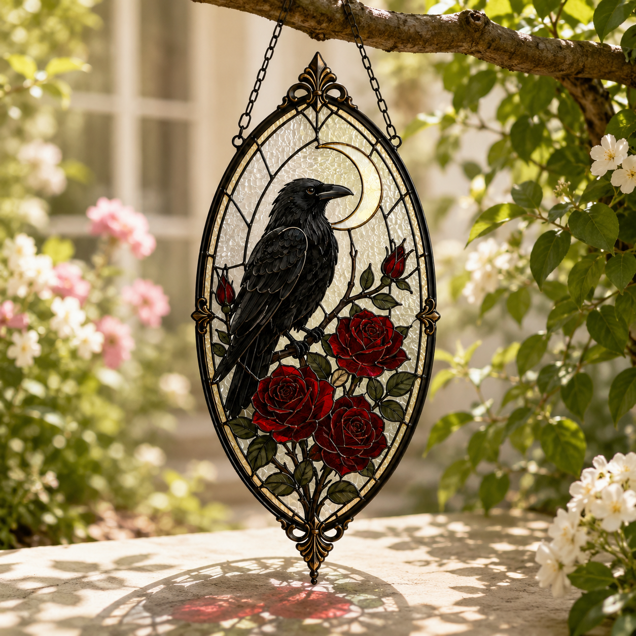 12 Style Gothic Raven Rose Suncatcher | Moon Stained Glass Style Window Hanging | Crow Bird Decor | Witchy Car Ornament Gift