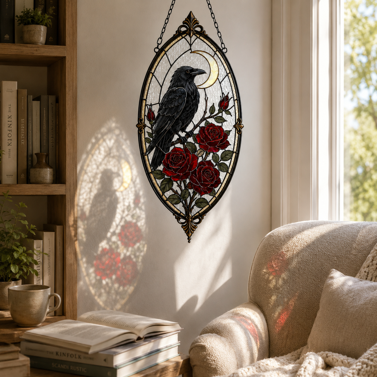 12 Style Gothic Raven Rose Suncatcher | Moon Stained Glass Style Window Hanging | Crow Bird Decor | Witchy Car Ornament Gift