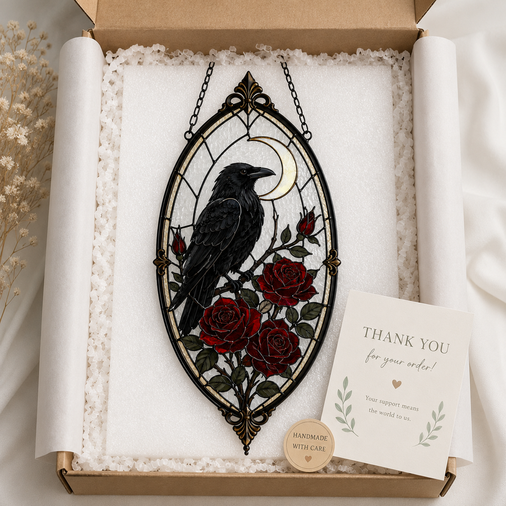 12 Style Gothic Raven Rose Suncatcher | Moon Stained Glass Style Window Hanging | Crow Bird Decor | Witchy Car Ornament Gift