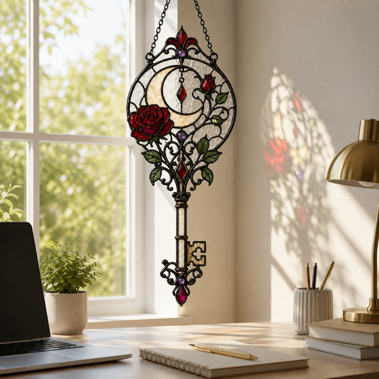 12 Style Gothic Key Suncatcher | Rose Moon Stained Glass Style Window Hanging | Witchy Wall Decor | Car Ornament Gift