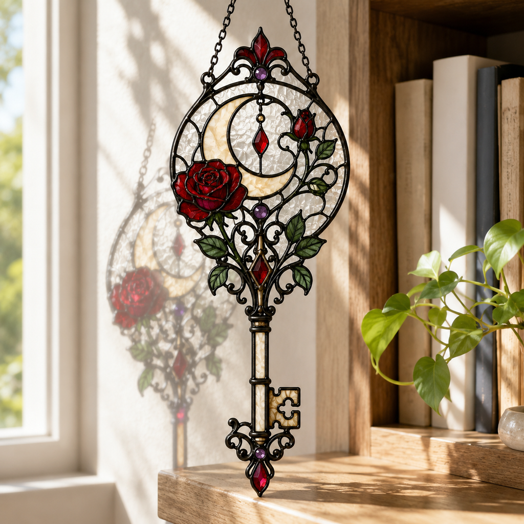 12 Style Gothic Key Suncatcher | Rose Moon Stained Glass Style Window Hanging | Witchy Wall Decor | Car Ornament Gift