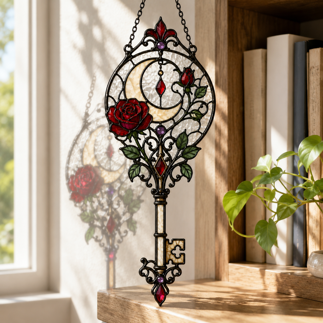 12 Style Gothic Key Suncatcher | Rose Moon Stained Glass Style Window Hanging | Witchy Wall Decor | Car Ornament Gift