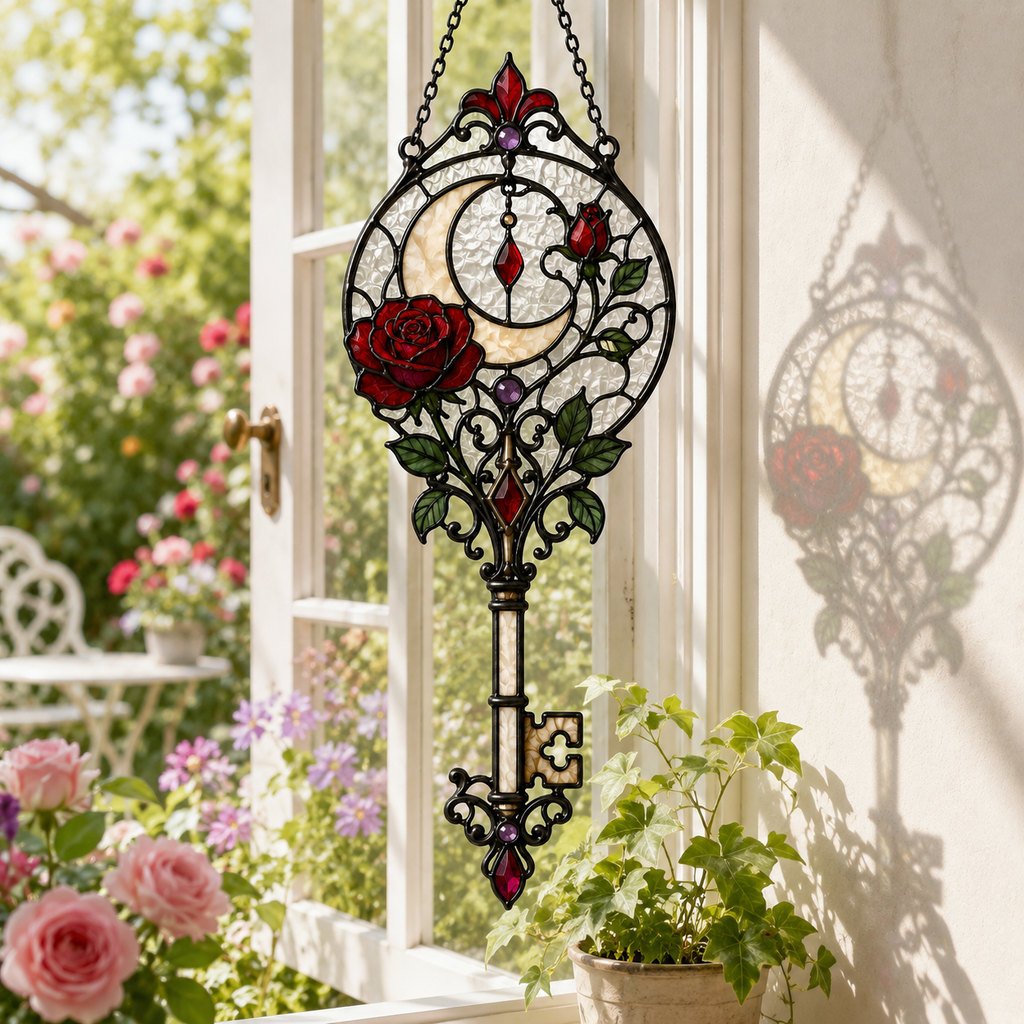 12 Style Gothic Key Suncatcher | Rose Moon Stained Glass Style Window Hanging | Witchy Wall Decor | Car Ornament Gift