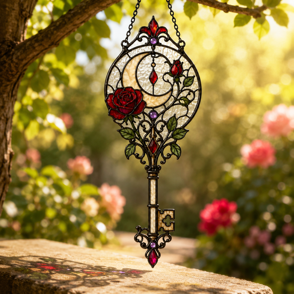12 Style Gothic Key Suncatcher | Rose Moon Stained Glass Style Window Hanging | Witchy Wall Decor | Car Ornament Gift