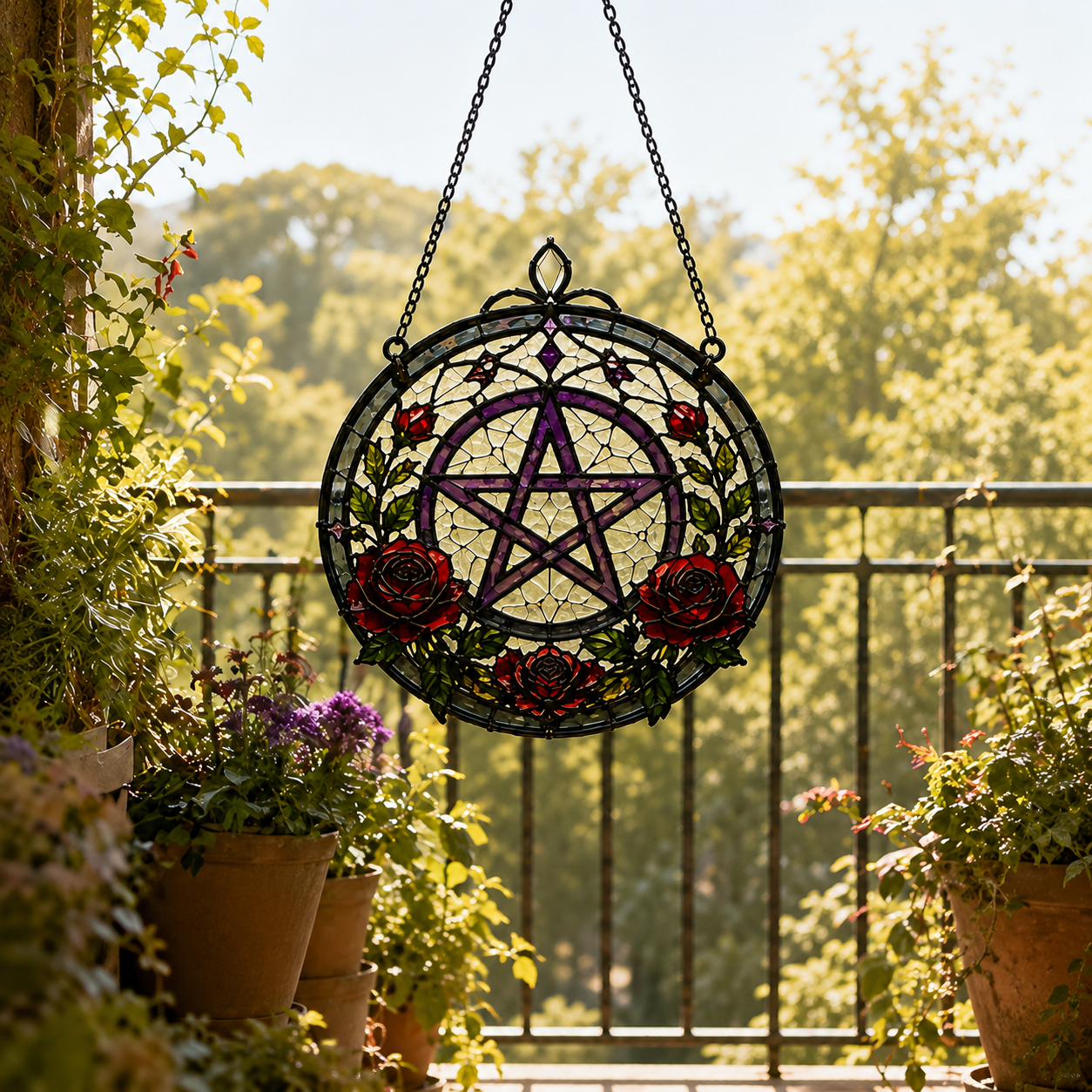 19 Style Pentacle Suncatcher | Witchy Stained Glass Style Window Hanging | Gothic Rose Decor | Pagan Gift | Car Ornament