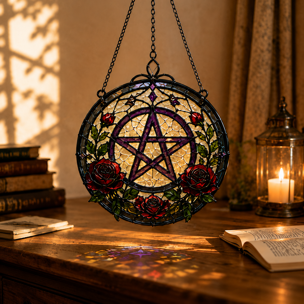 19 Style Pentacle Suncatcher | Witchy Stained Glass Style Window Hanging | Gothic Rose Decor | Pagan Gift | Car Ornament