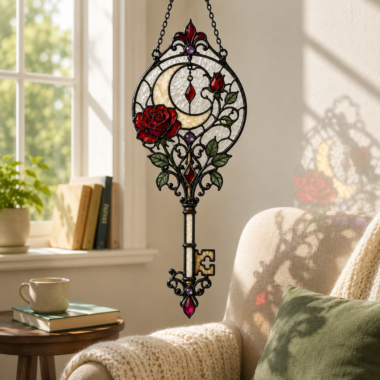 12 Style Gothic Key Suncatcher | Rose Moon Stained Glass Style Window Hanging | Witchy Wall Decor | Car Ornament Gift
