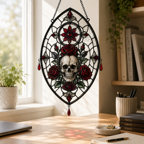 12 Style Gothic Skull Rose Suncatcher with Red Crystal Drops | Stained Glass Style Window Hanging | Dark Romance Gift