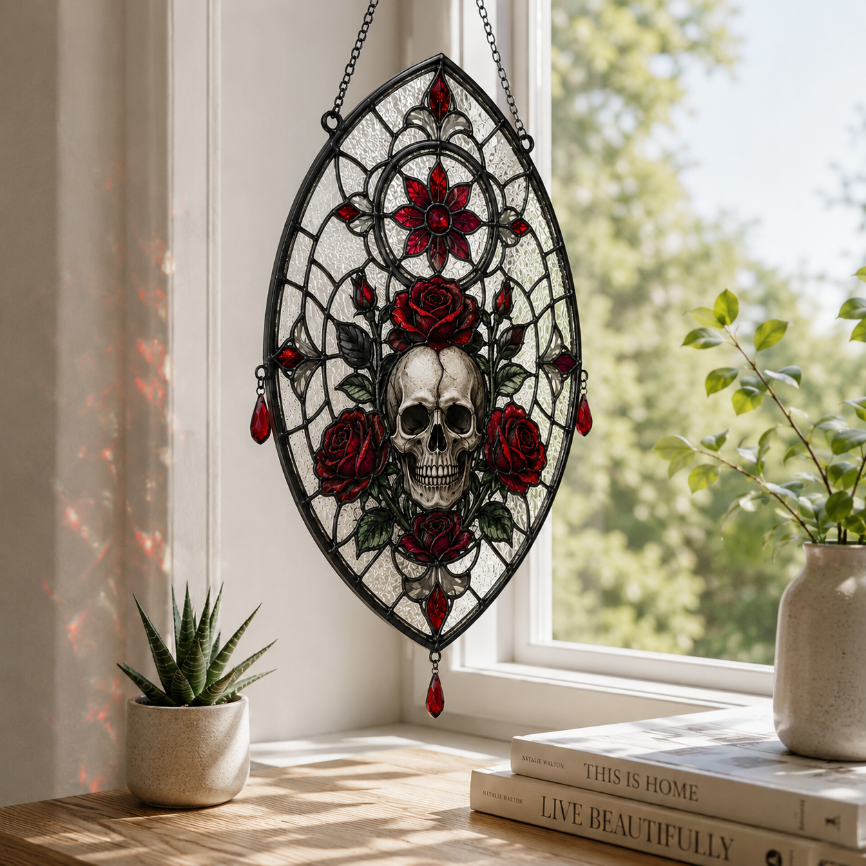 12 Style Gothic Skull Rose Suncatcher with Red Crystal Drops | Stained Glass Style Window Hanging | Dark Romance Gift