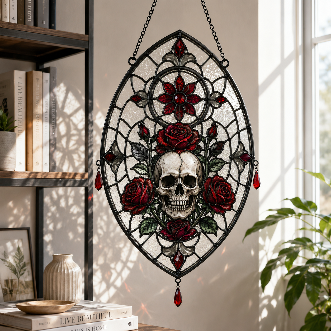 12 Style Gothic Skull Rose Suncatcher with Red Crystal Drops | Stained Glass Style Window Hanging | Dark Romance Gift