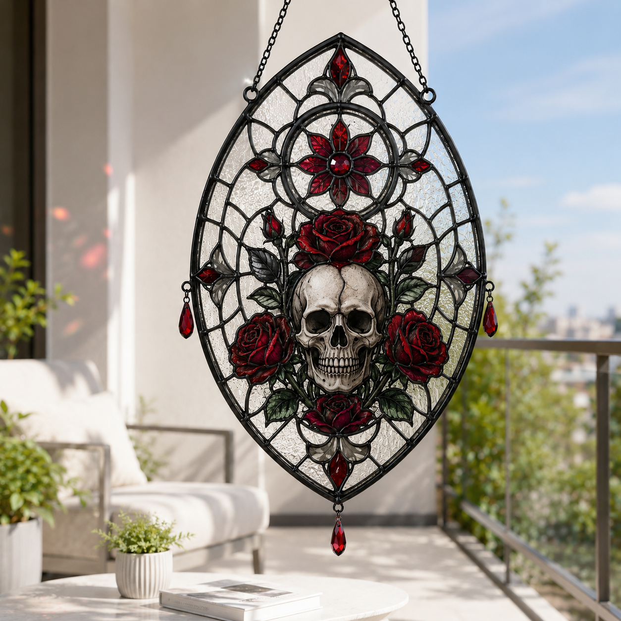 12 Style Gothic Skull Rose Suncatcher with Red Crystal Drops | Stained Glass Style Window Hanging | Dark Romance Gift