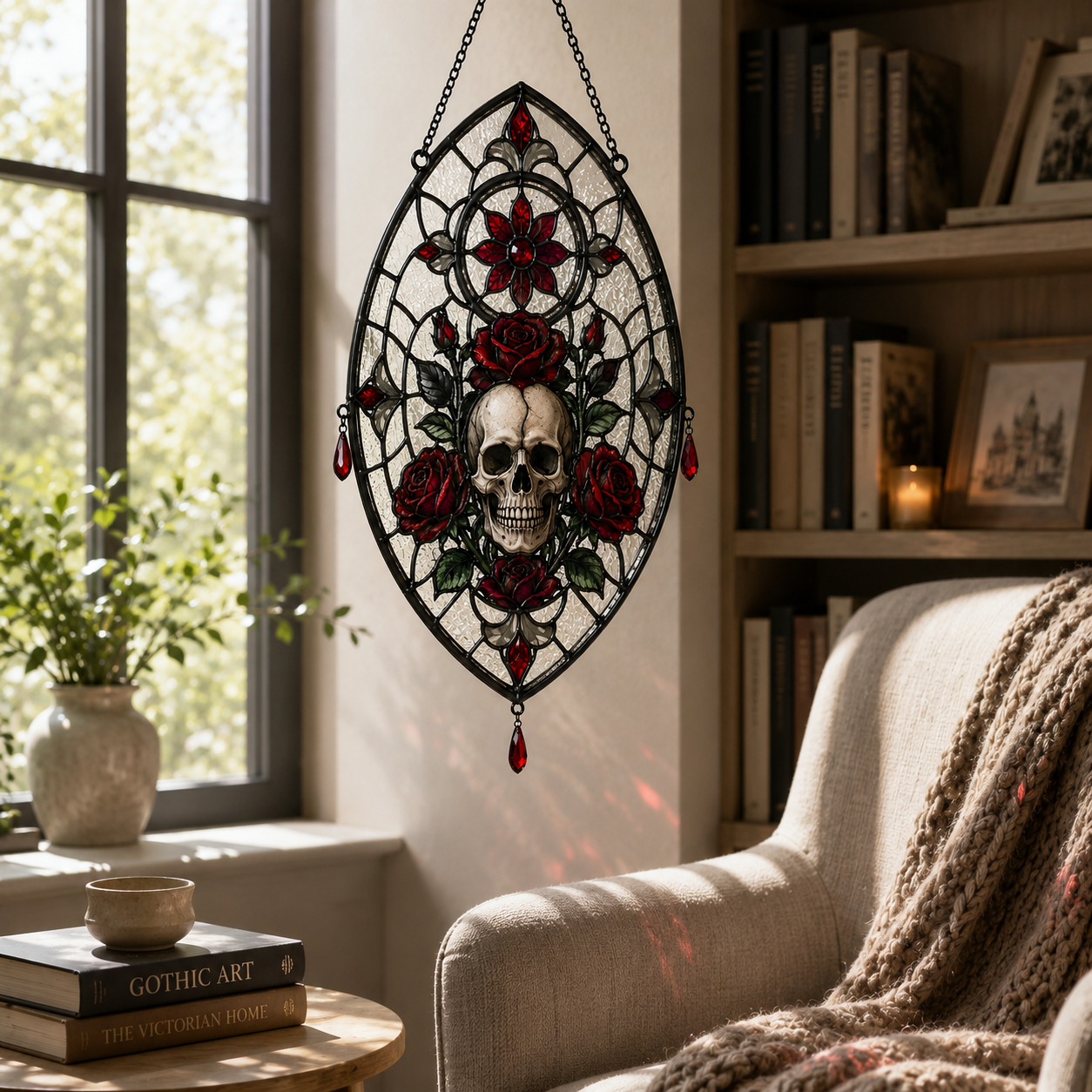 12 Style Gothic Skull Rose Suncatcher with Red Crystal Drops | Stained Glass Style Window Hanging | Dark Romance Gift