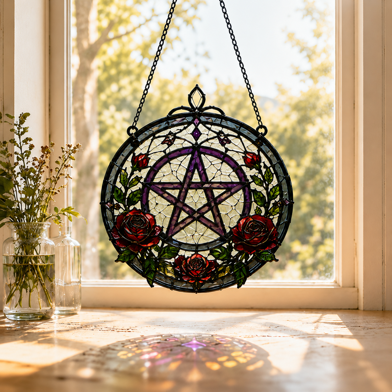 19 Style Pentacle Suncatcher | Witchy Stained Glass Style Window Hanging | Gothic Rose Decor | Pagan Gift | Car Ornament