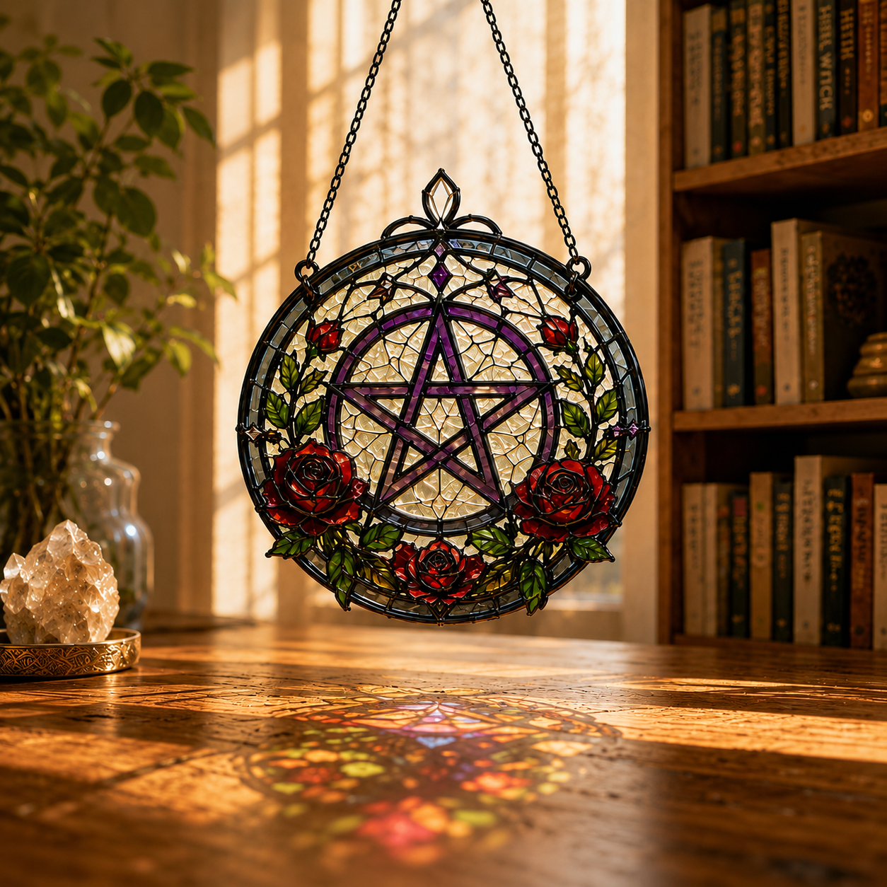 19 Style Pentacle Suncatcher | Witchy Stained Glass Style Window Hanging | Gothic Rose Decor | Pagan Gift | Car Ornament