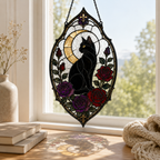 Gothic Black Cat Suncatcher | Rose Moon Stained Glass Style Window Hanging | Witchy Cat Lover Gift | Car Ornament