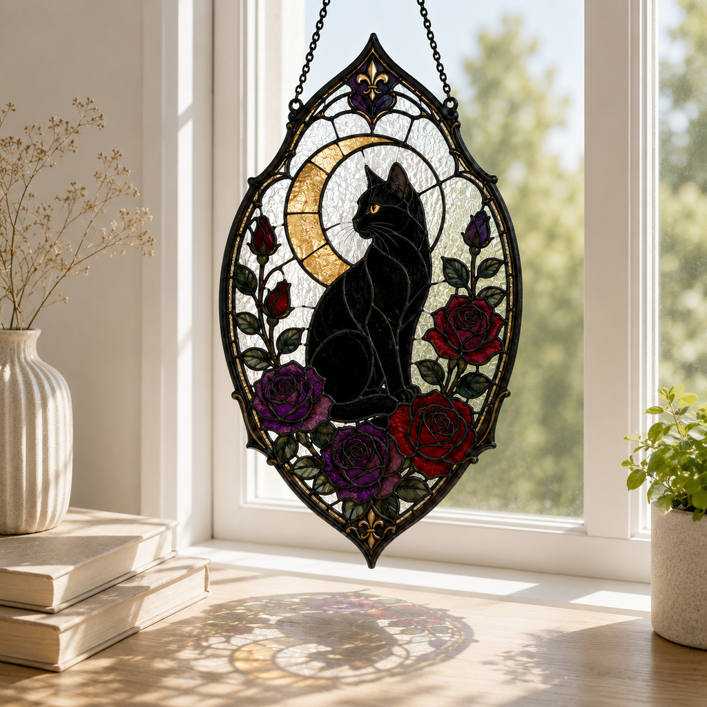Gothic Black Cat Suncatcher | Rose Moon Stained Glass Style Window Hanging | Witchy Cat Lover Gift | Car Ornament