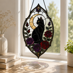 Gothic Black Cat Suncatcher | Rose Moon Stained Glass Style Window Hanging | Witchy Cat Lover Gift | Car Ornament