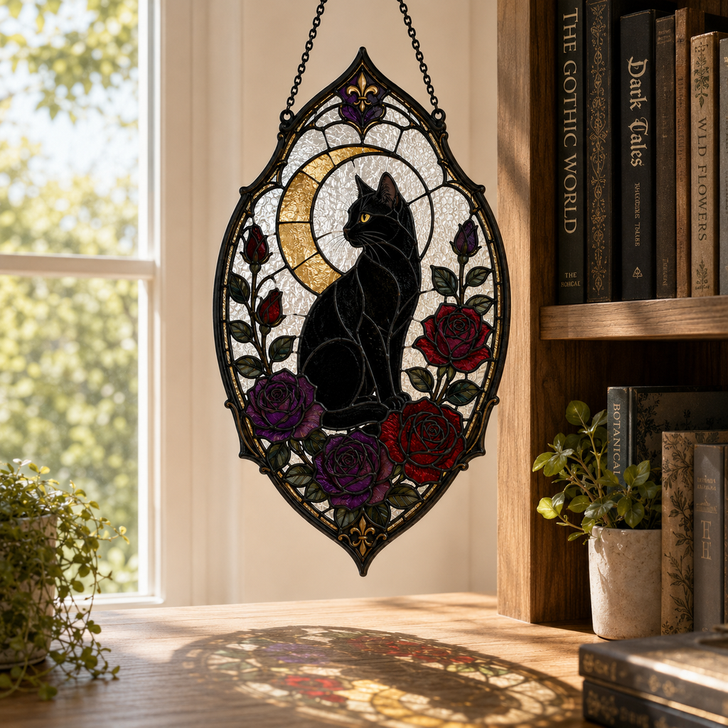 Gothic Black Cat Suncatcher | Rose Moon Stained Glass Style Window Hanging | Witchy Cat Lover Gift | Car Ornament