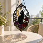Gothic Black Cat Suncatcher | Rose Moon Stained Glass Style Window Hanging | Witchy Cat Lover Gift | Car Ornament