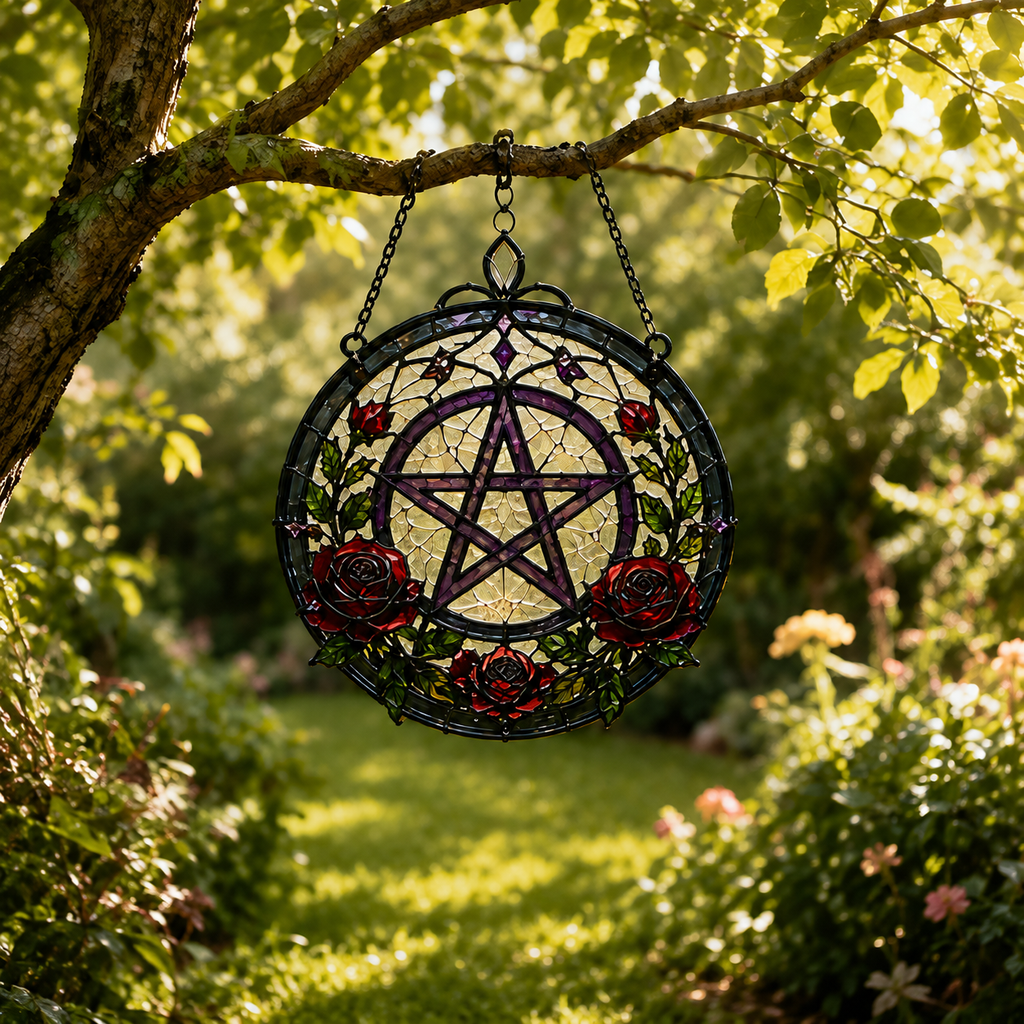 12 Style Gothic Candle Suncatcher | Rose Moon Stained Glass Style Window Hanging | Witchy Cathedral Window Decor | Car Ornament Gift