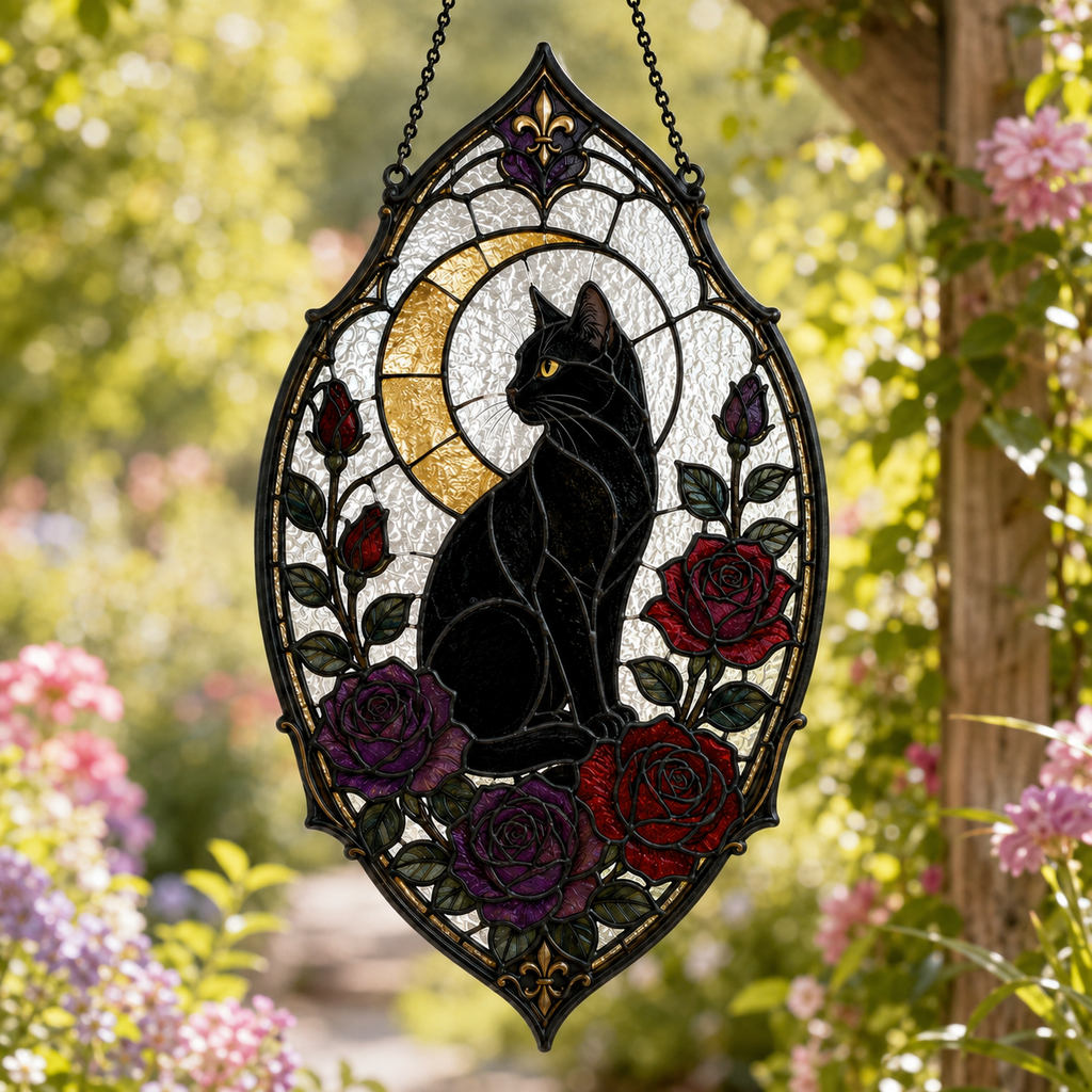 Gothic Black Cat Suncatcher | Rose Moon Stained Glass Style Window Hanging | Witchy Cat Lover Gift | Car Ornament