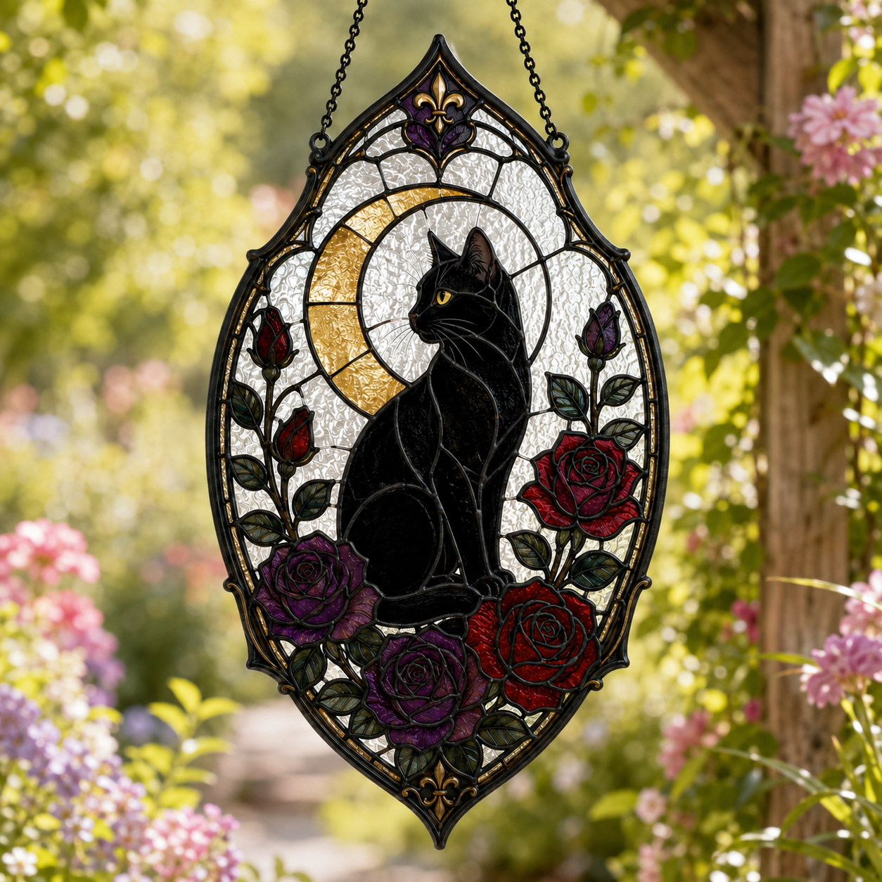 Gothic Black Cat Suncatcher | Rose Moon Stained Glass Style Window Hanging | Witchy Cat Lover Gift | Car Ornament