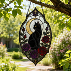 Gothic Black Cat Suncatcher | Rose Moon Stained Glass Style Window Hanging | Witchy Cat Lover Gift | Car Ornament