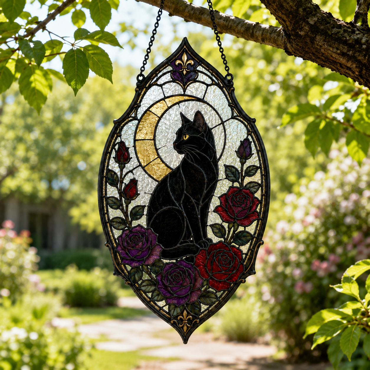 Gothic Black Cat Suncatcher | Rose Moon Stained Glass Style Window Hanging | Witchy Cat Lover Gift | Car Ornament