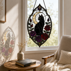 Gothic Black Cat Suncatcher | Rose Moon Stained Glass Style Window Hanging | Witchy Cat Lover Gift | Car Ornament