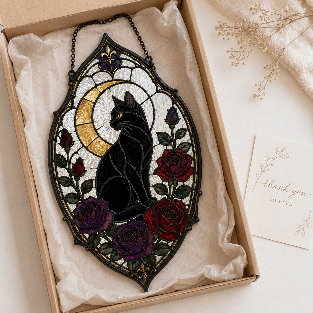Gothic Black Cat Suncatcher | Rose Moon Stained Glass Style Window Hanging | Witchy Cat Lover Gift | Car Ornament