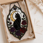 Gothic Black Cat Suncatcher | Rose Moon Stained Glass Style Window Hanging | Witchy Cat Lover Gift | Car Ornament