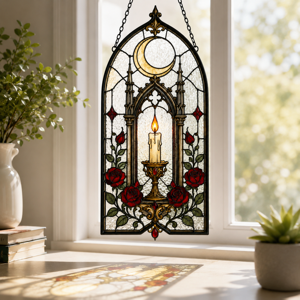 12 Style Gothic Rose Heart Suncatcher with Red Crystal Drop | Stained Glass Style Window Hanging | Romantic Gothic Gift