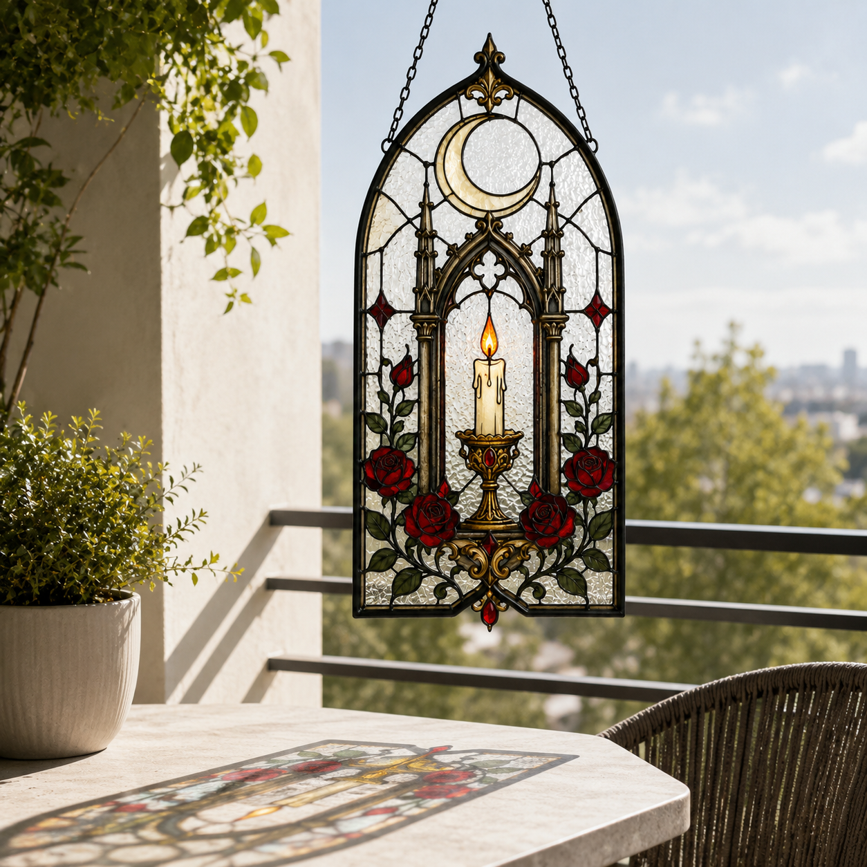 12 Style Gothic Candle Suncatcher | Rose Moon Stained Glass Style Window Hanging | Witchy Cathedral Window Decor | Car Ornament Gift