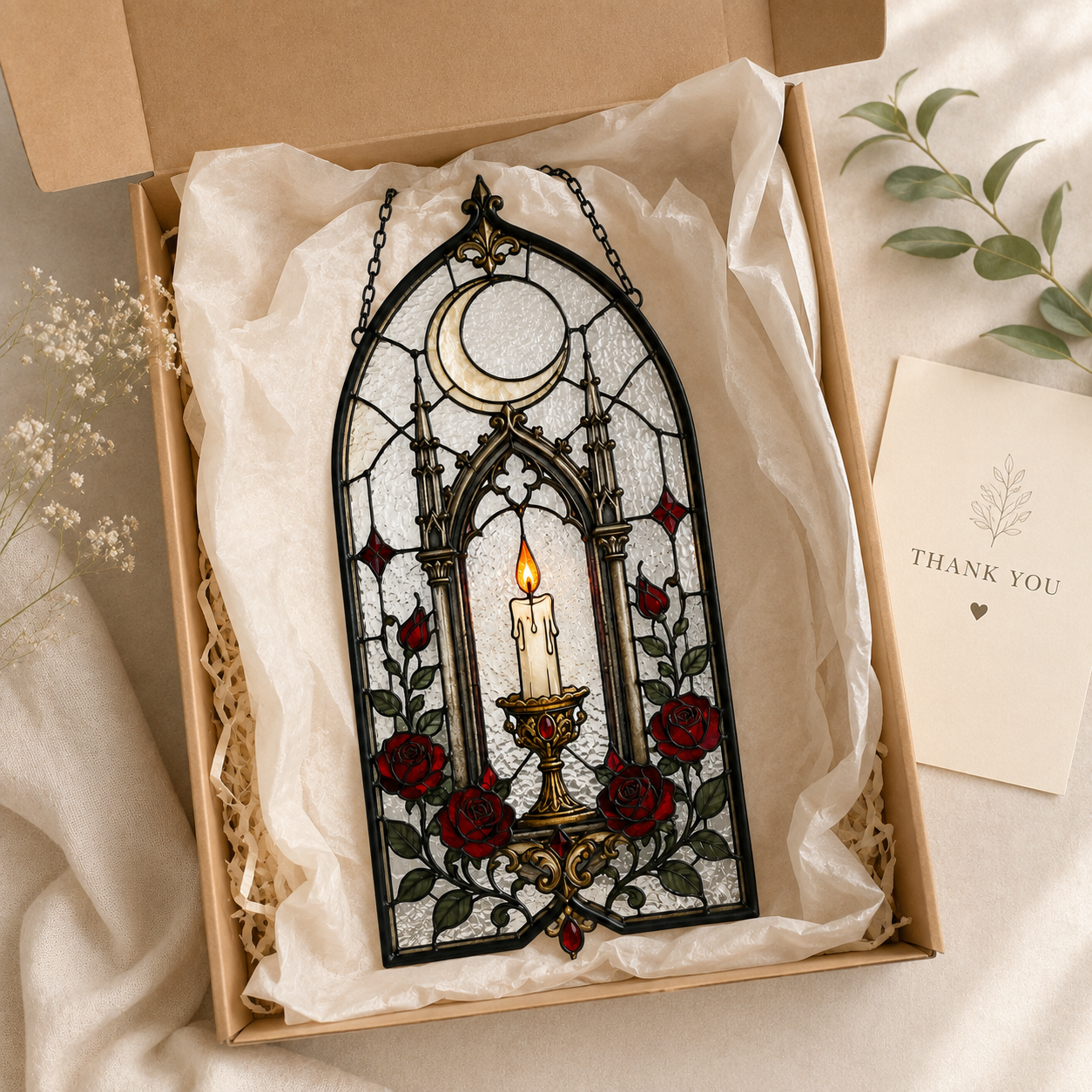 12 Style Gothic Candle Suncatcher | Rose Moon Stained Glass Style Window Hanging | Witchy Cathedral Window Decor | Car Ornament Gift