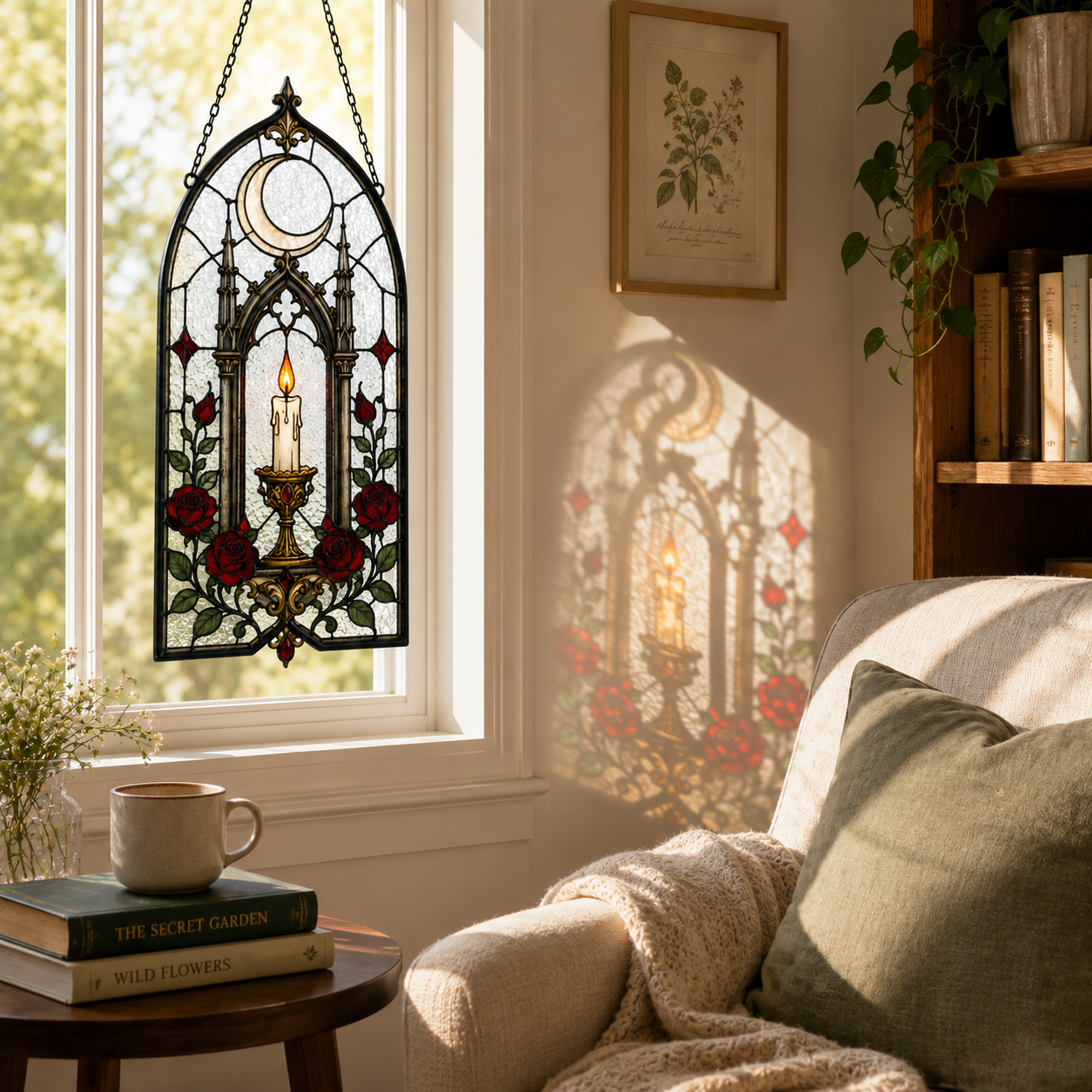 12 Style Gothic Candle Suncatcher | Rose Moon Stained Glass Style Window Hanging | Witchy Cathedral Window Decor | Car Ornament Gift