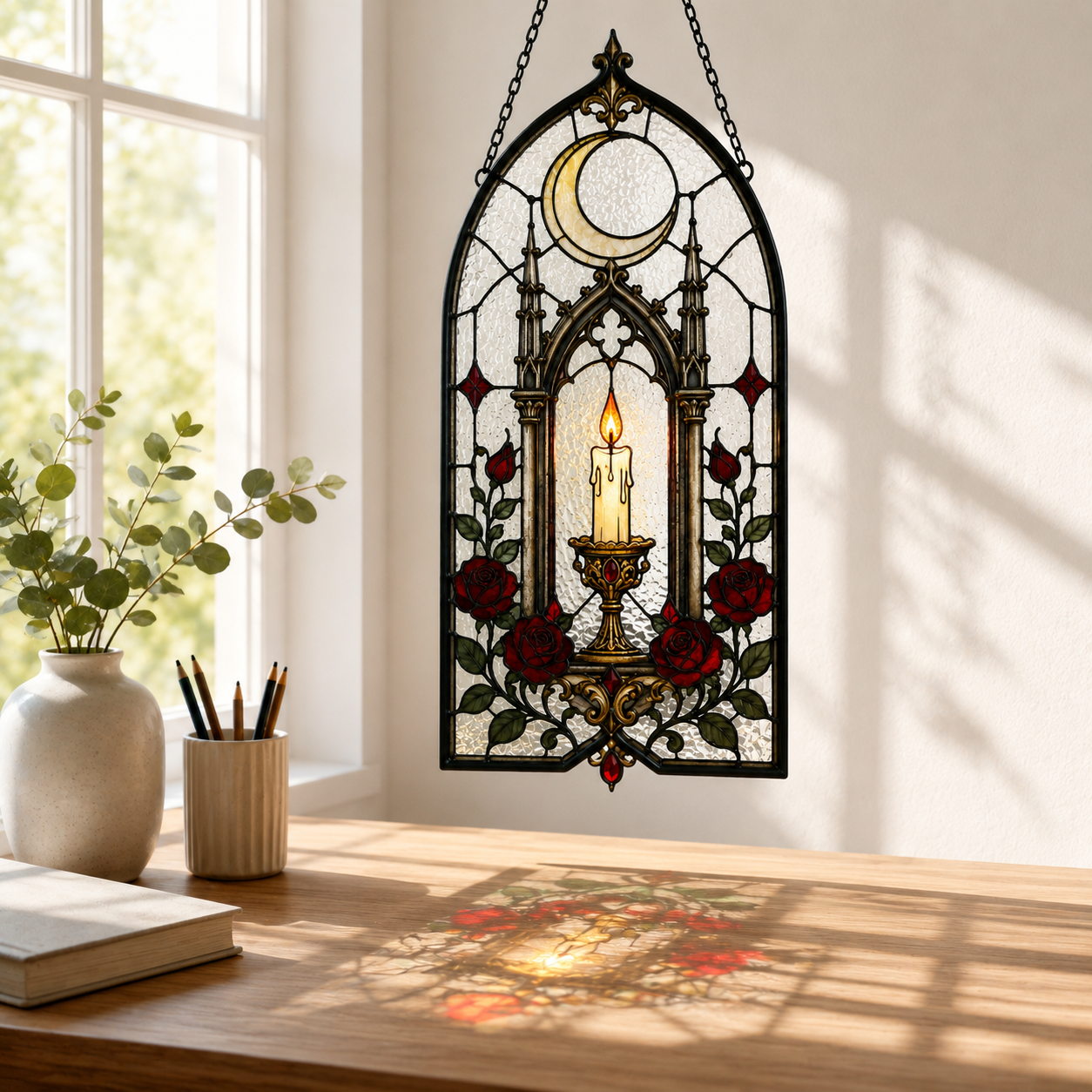 12 Style Gothic Candle Suncatcher | Rose Moon Stained Glass Style Window Hanging | Witchy Cathedral Window Decor | Car Ornament Gift