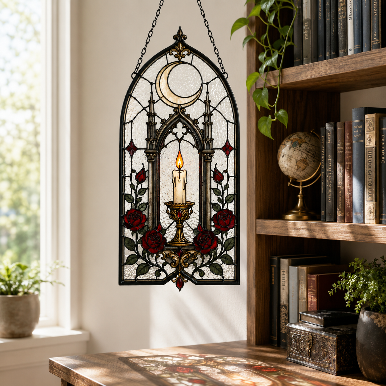 12 Style Gothic Candle Suncatcher | Rose Moon Stained Glass Style Window Hanging | Witchy Cathedral Window Decor | Car Ornament Gift