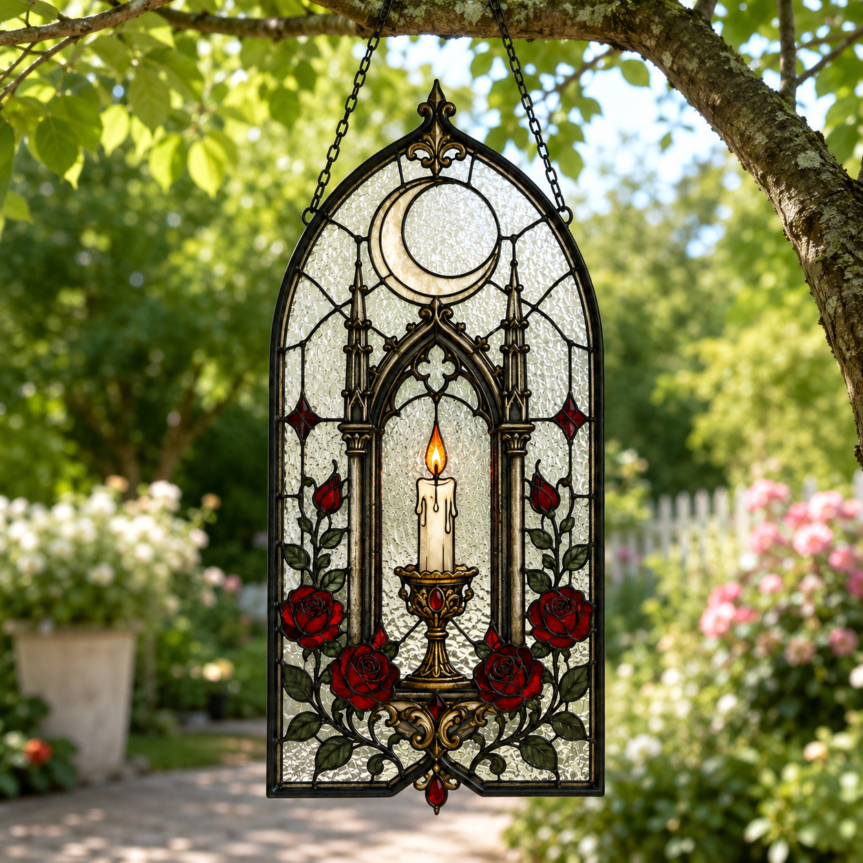 12 Style Gothic Candle Suncatcher | Rose Moon Stained Glass Style Window Hanging | Witchy Cathedral Window Decor | Car Ornament Gift