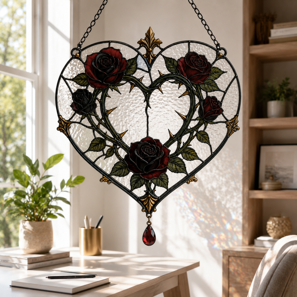 12 Style Gothic Rose Heart Suncatcher with Red Crystal Drop | Stained Glass Style Window Hanging | Romantic Gothic Gift