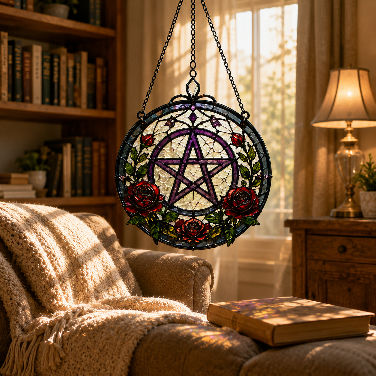 19 Style Pentacle Suncatcher | Witchy Stained Glass Style Window Hanging | Gothic Rose Decor | Pagan Gift | Car Ornament