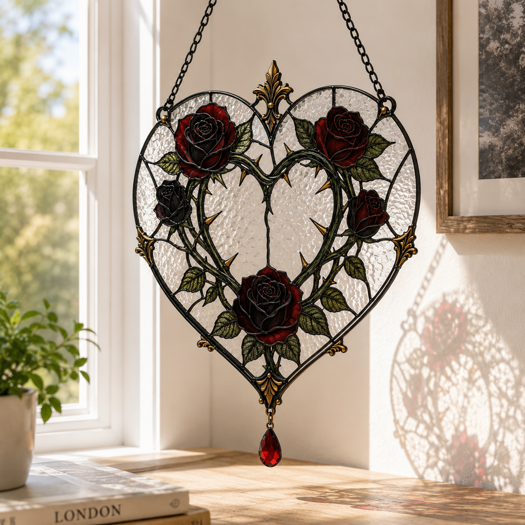 12 Style Gothic Rose Heart Suncatcher with Red Crystal Drop | Stained Glass Style Window Hanging | Romantic Gothic Gift