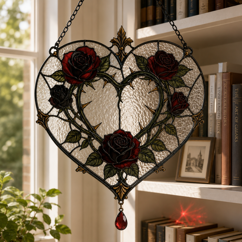 12 Style Gothic Rose Heart Suncatcher with Red Crystal Drop | Stained Glass Style Window Hanging | Romantic Gothic Gift