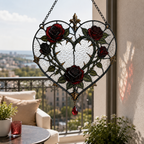 12 Style Gothic Rose Heart Suncatcher with Red Crystal Drop | Stained Glass Style Window Hanging | Romantic Gothic Gift