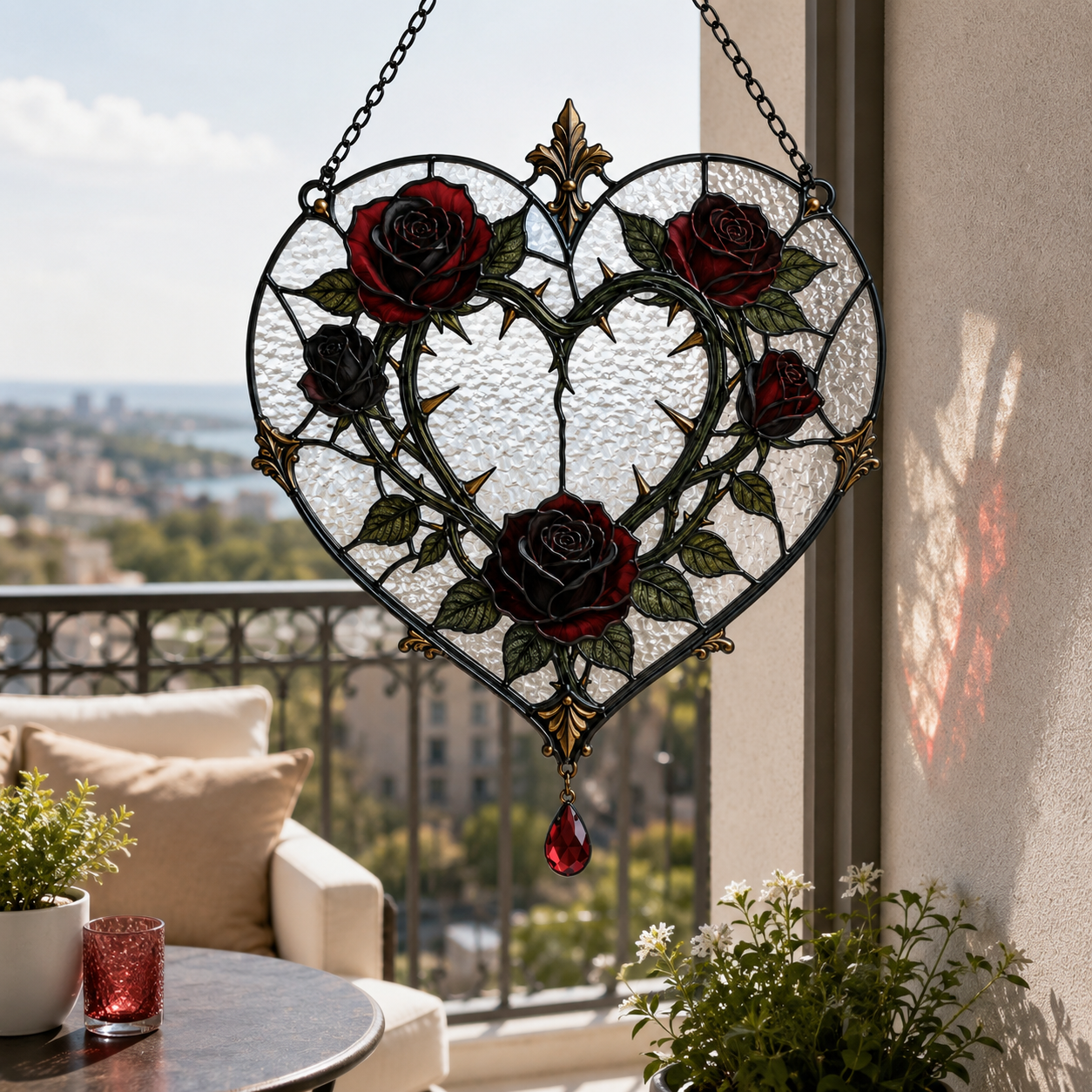 12 Style Gothic Rose Heart Suncatcher with Red Crystal Drop | Stained Glass Style Window Hanging | Romantic Gothic Gift