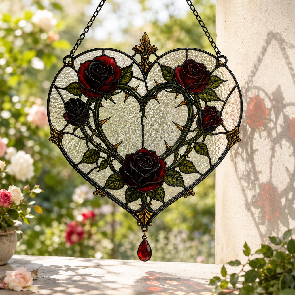 12 Style Gothic Rose Heart Suncatcher with Red Crystal Drop | Stained Glass Style Window Hanging | Romantic Gothic Gift