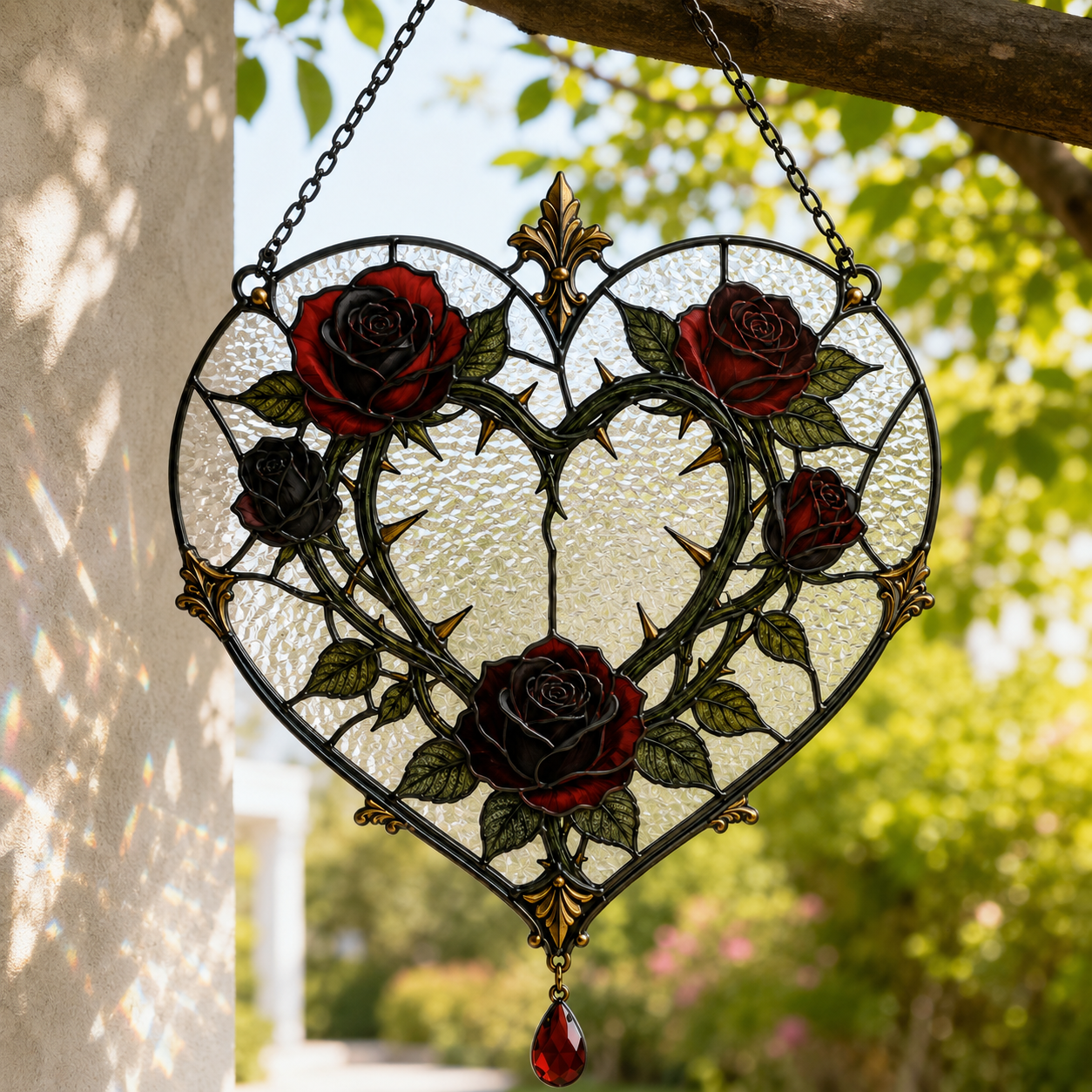 12 Style Gothic Rose Heart Suncatcher with Red Crystal Drop | Stained Glass Style Window Hanging | Romantic Gothic Gift