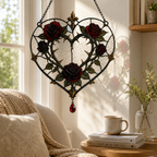 12 Style Gothic Rose Heart Suncatcher with Red Crystal Drop | Stained Glass Style Window Hanging | Romantic Gothic Gift