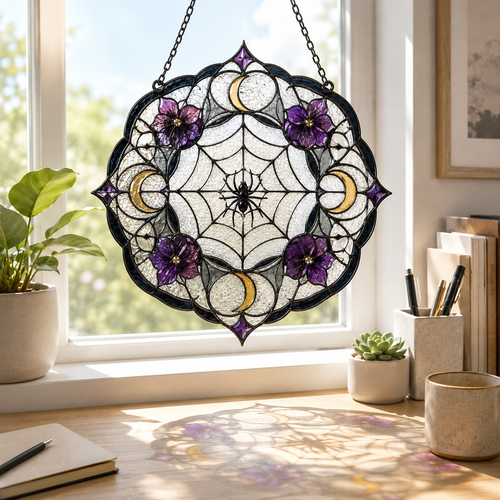 20 Style Spider Web Moon Suncatcher | Stained Glass Style Window Hanging | Witchy Gothic Floral Decor | Halloween Gift