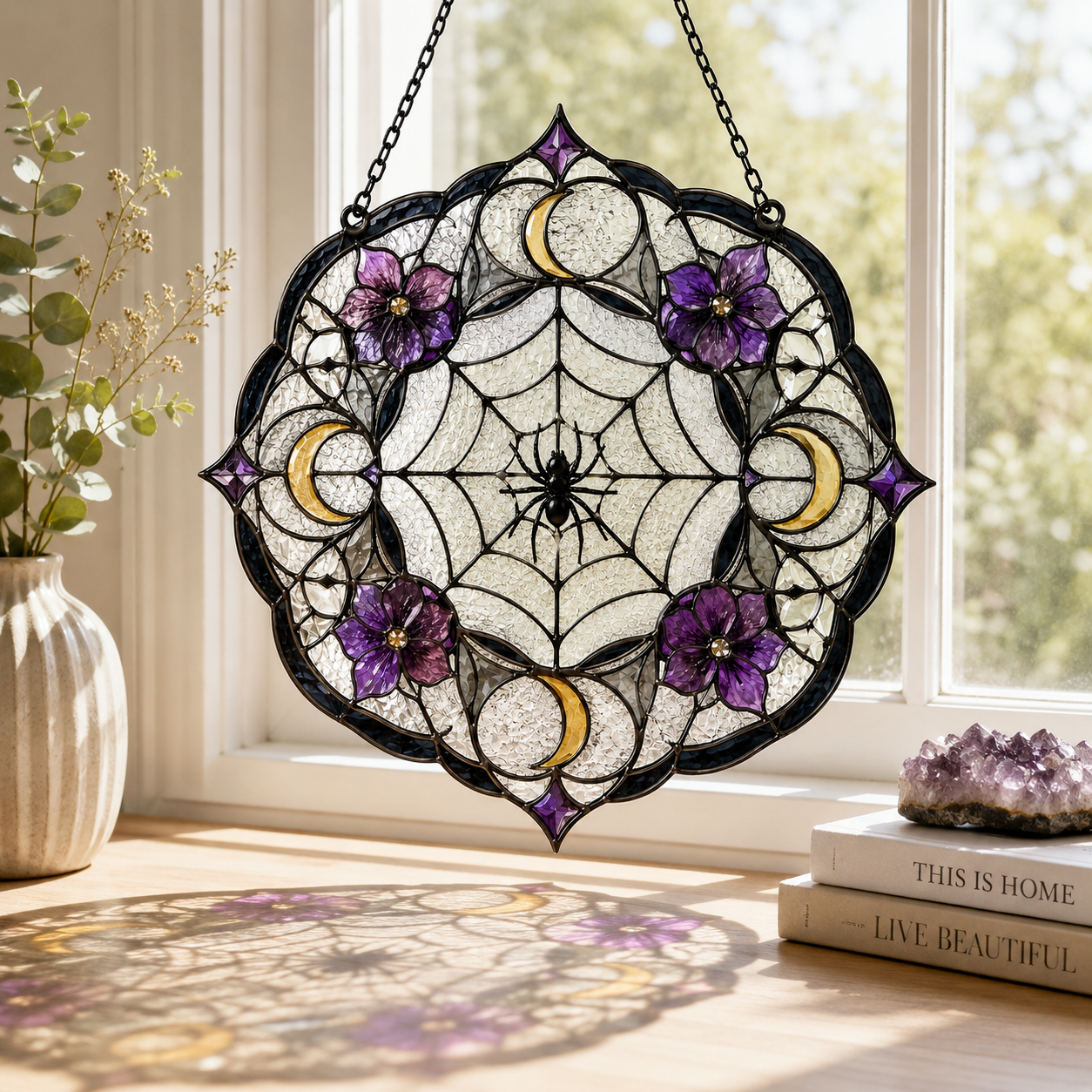 20 Style Spider Web Moon Suncatcher | Stained Glass Style Window Hanging | Witchy Gothic Floral Decor | Halloween Gift