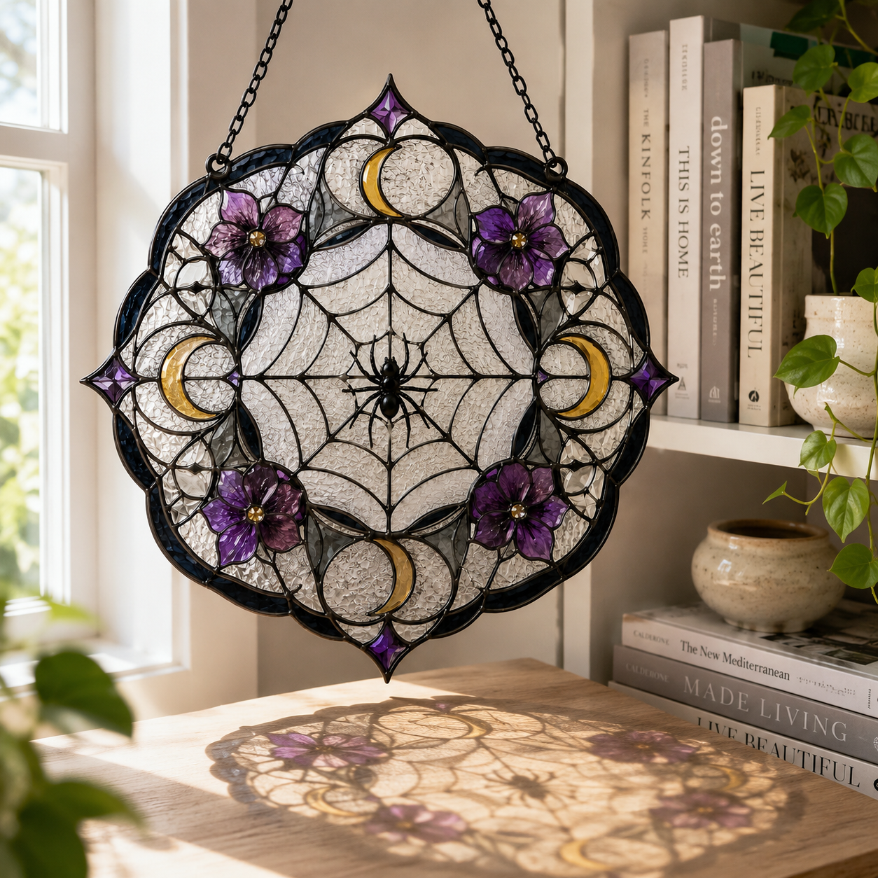 20 Style Spider Web Moon Suncatcher | Stained Glass Style Window Hanging | Witchy Gothic Floral Decor | Halloween Gift